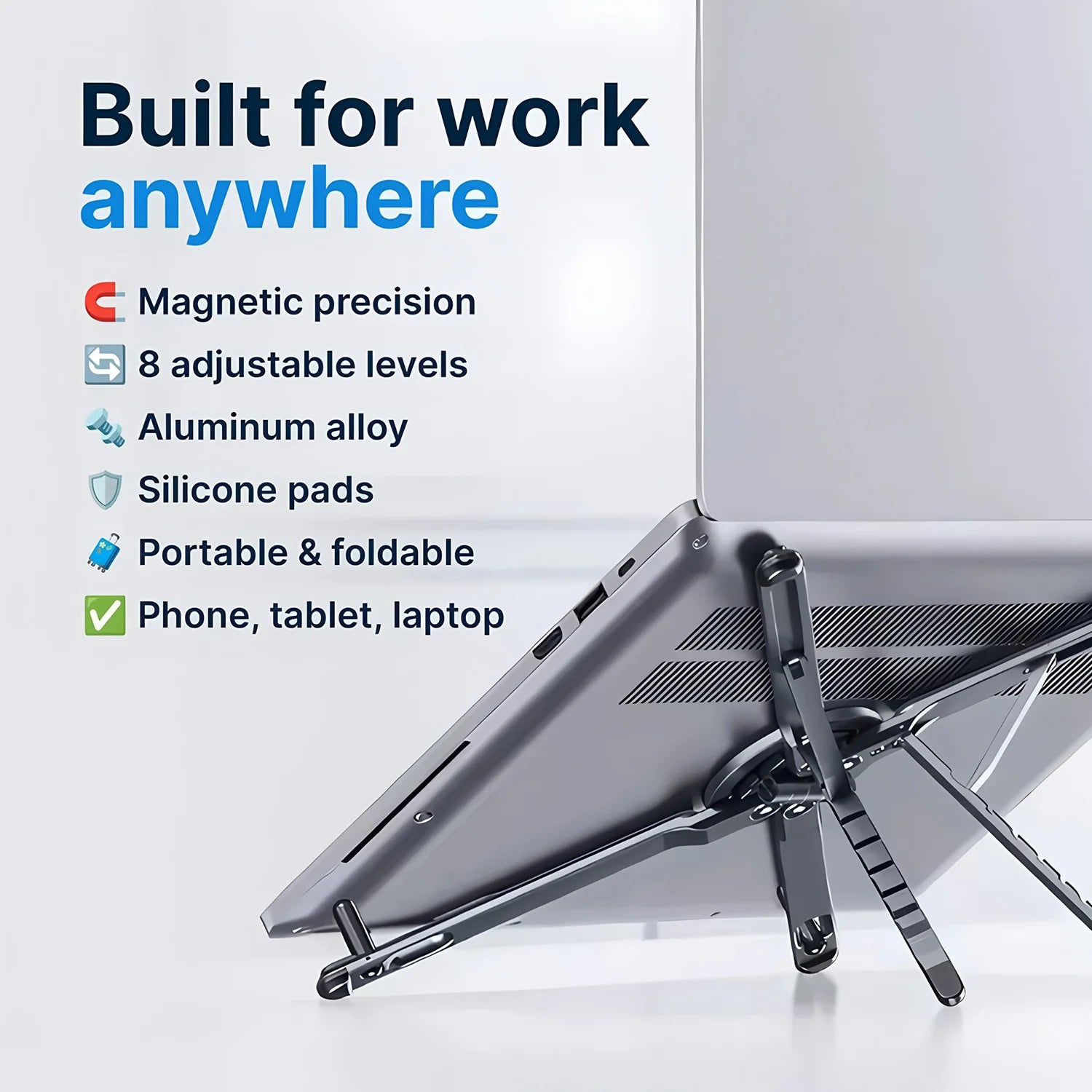Foldable magnetic tripod stand holding a phone