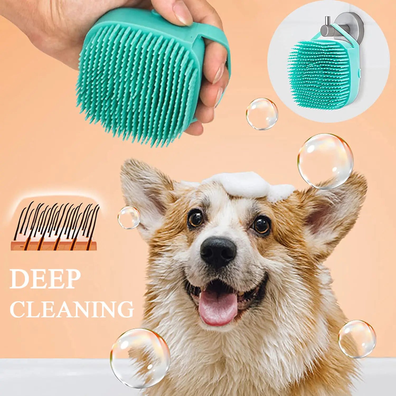 Silicone bath brush with shampoo dispenser for pets