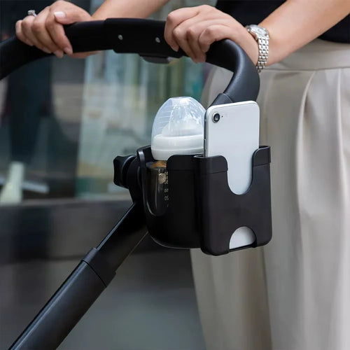 Clip-on cup and phone holder attached to stroller