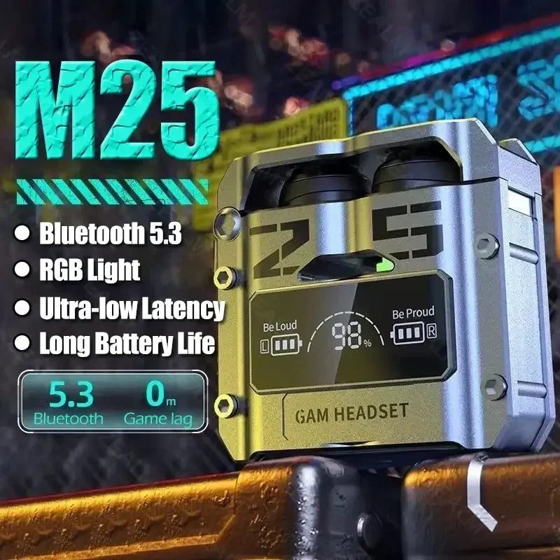 M25 wireless earbuds with LED battery display