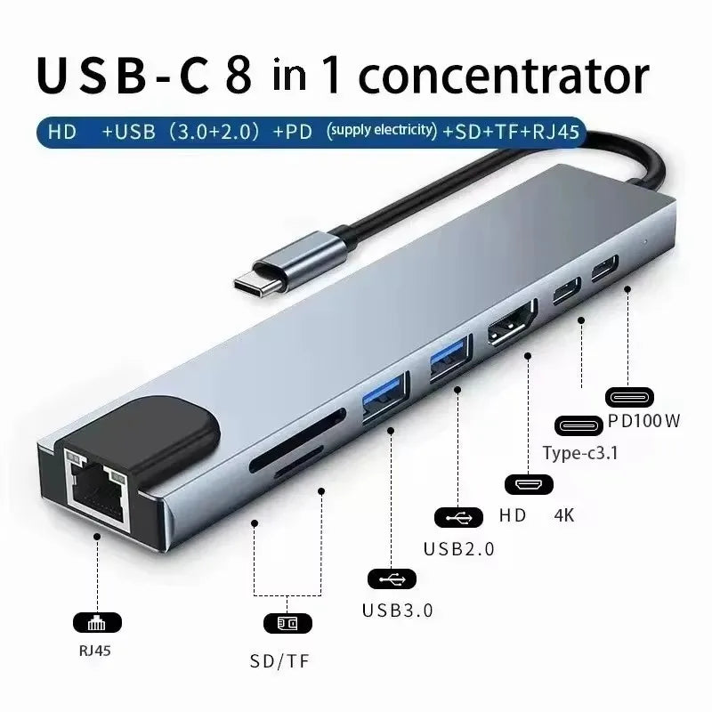 7/8 In1 USB C Hub Expander Multiport Adapter Type C Splitter Dock USB 3 Port for Xiaomi Phone Tablet Fast Data Transfer