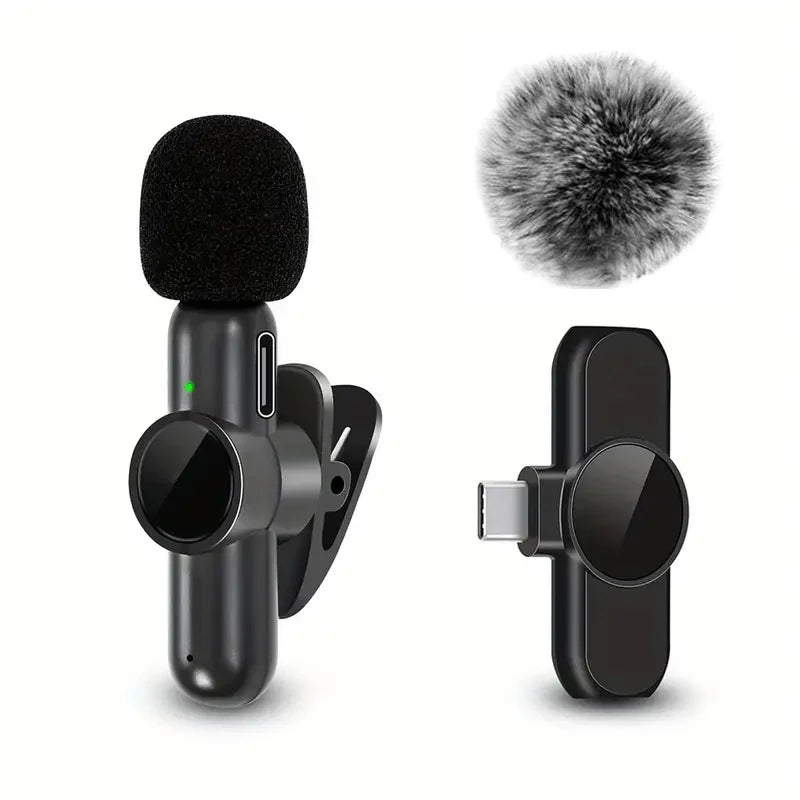 Wireless lavalier microphone clipped to shirt with phone