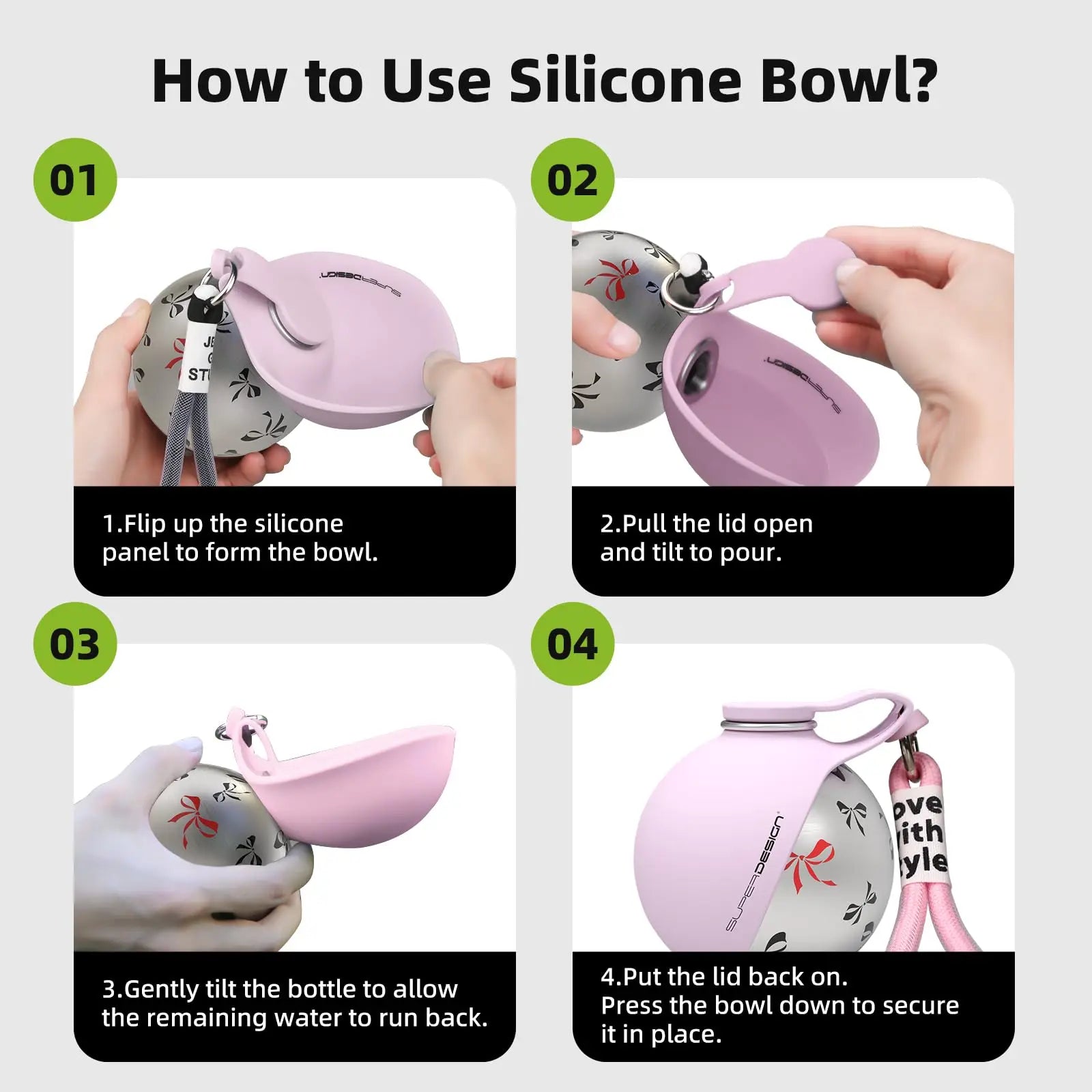 Stainless steel and silicone travel water bottle for dogs