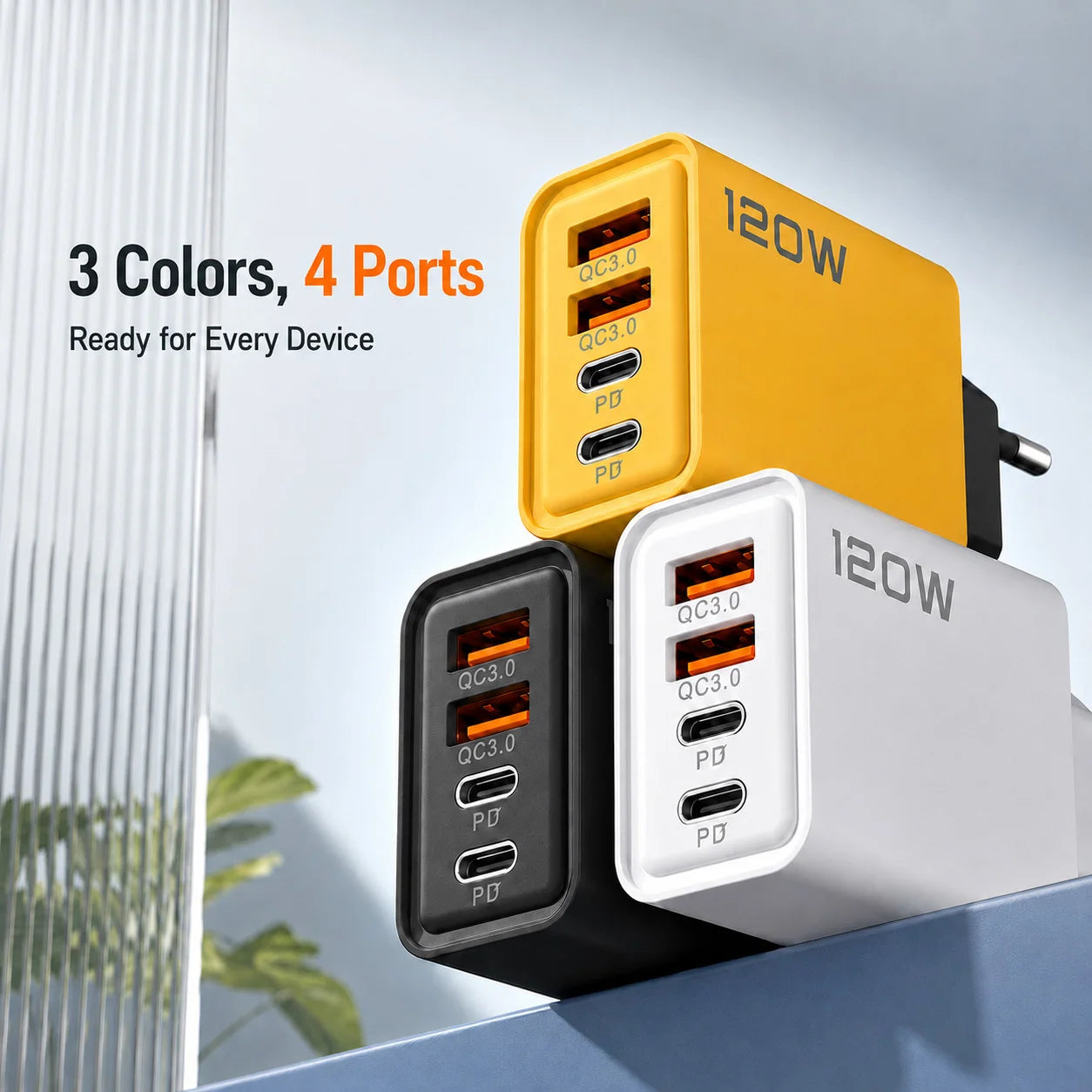 120W 4 Port USB C Fast Charger PD QC3.0 Quick Charge Wall Adapter Power Adapter for iPhone 16 Samsung S24 Xiaomi 15 Mobile Phone
