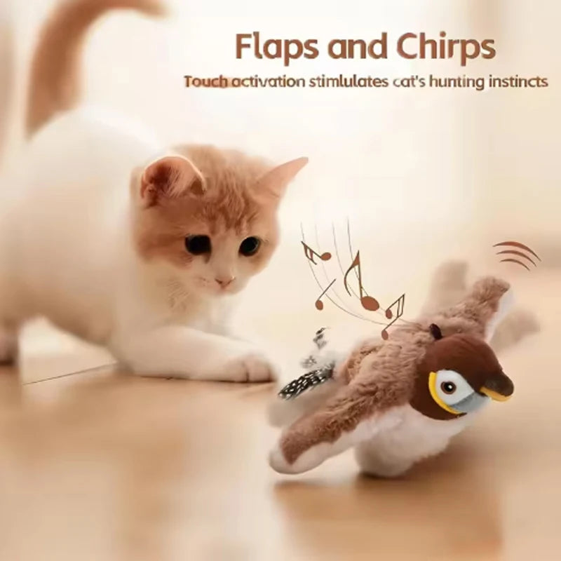 Touch-activated chirping plush bird toy for cats