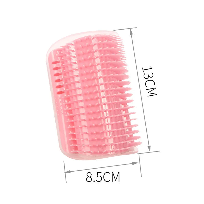 Corner-mounted grooming and scratching brush for cats