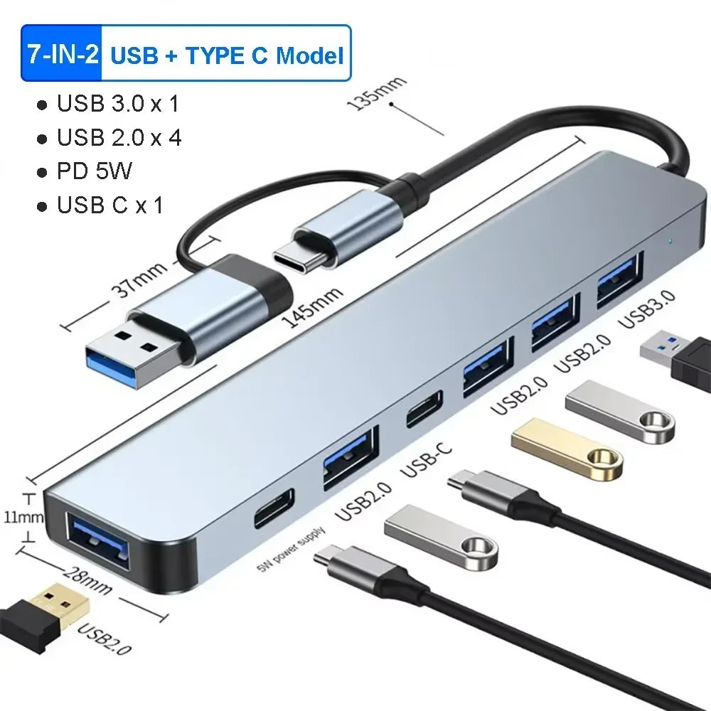 7/8 In1 USB C Hub Expander Multiport Adapter Type C Splitter Dock USB 3 Port for Xiaomi Phone Tablet Fast Data Transfer