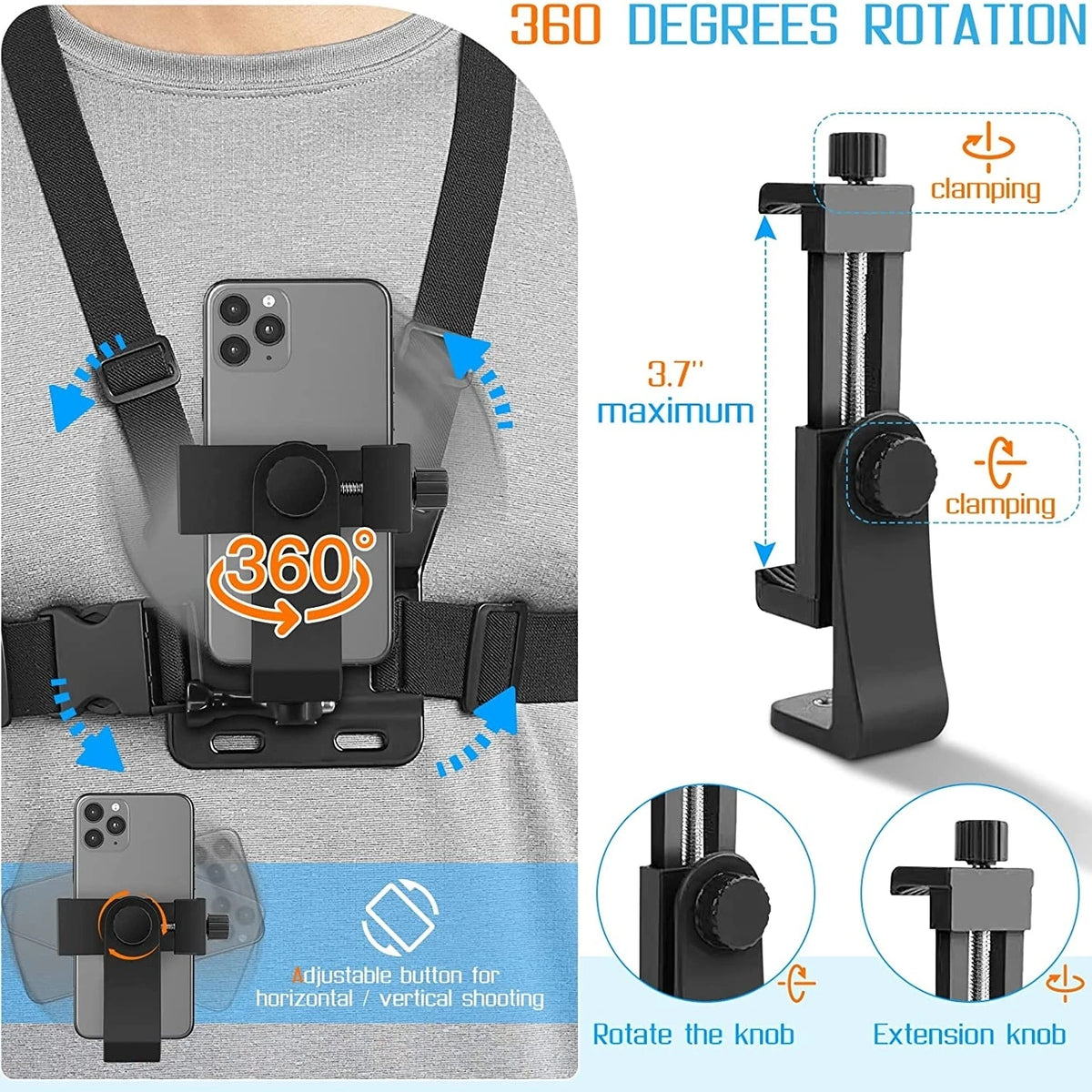 Adjustable Phone Clip Holder With Chest Strap Fixation Bracket for Sport Camera Mobile Phone Camera Black Holder Accessory