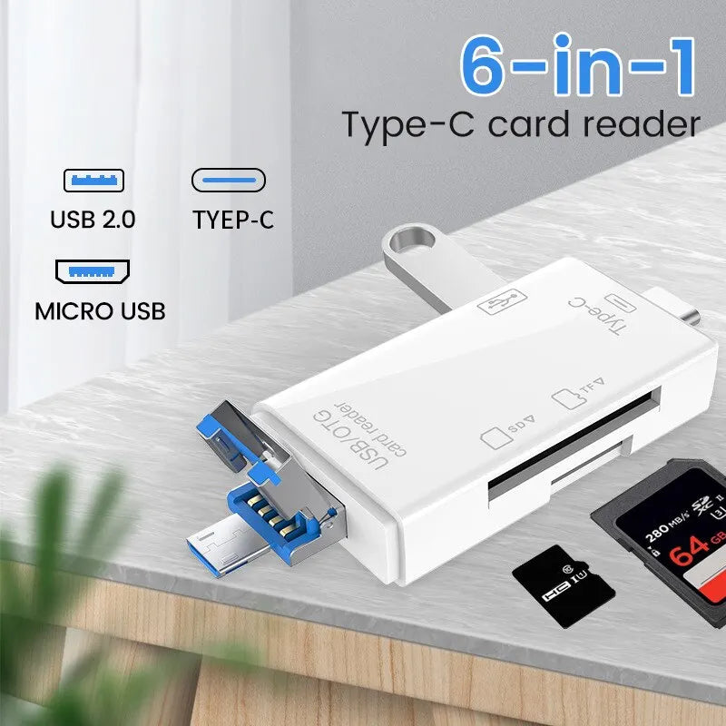 6-in-1 USB-C card reader hub with cards inserted