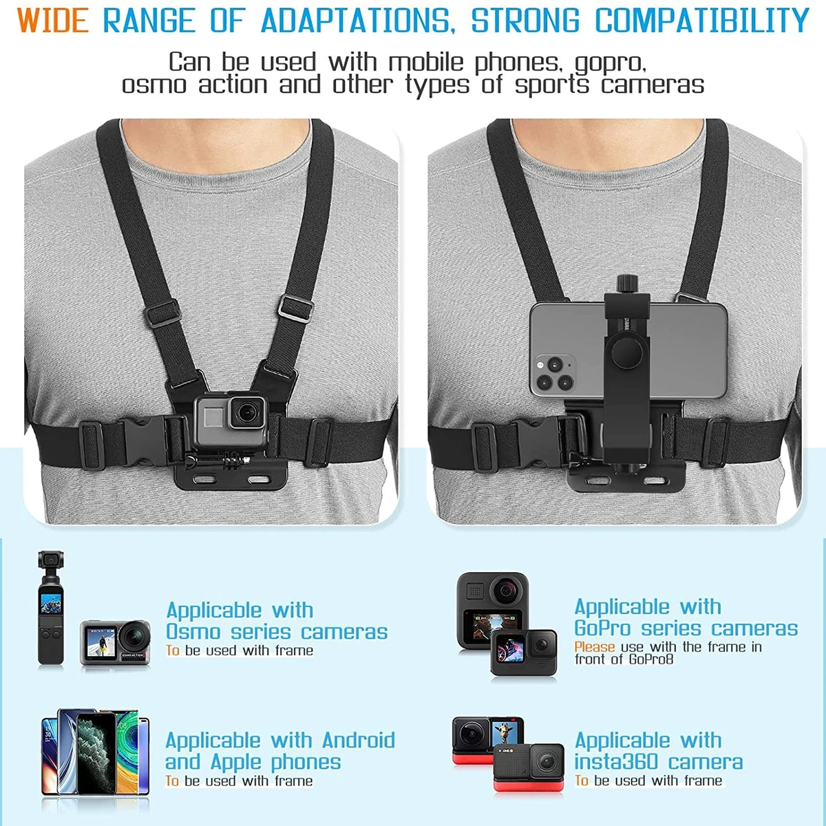Adjustable Phone Clip Holder With Chest Strap Fixation Bracket for Sport Camera Mobile Phone Camera Black Holder Accessory