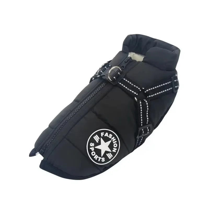Waterproof winter jacket with built-in harness for large dogs
