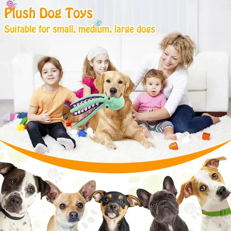Plush octopus-shaped squeaky chew toy for dogs